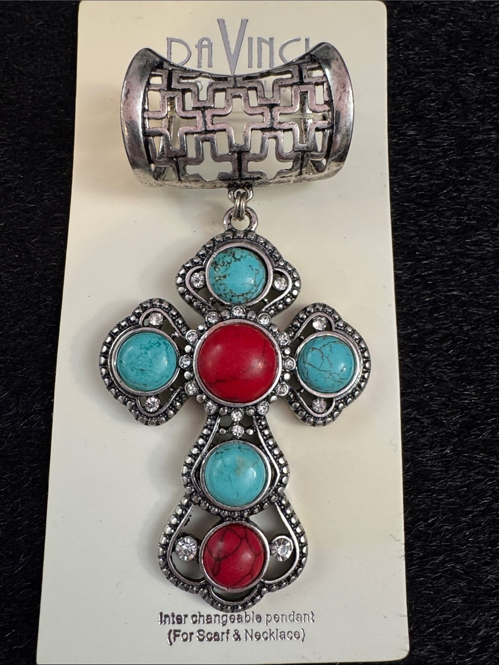 DaVinci Silver Cross Pendant with Turquoise & Red Cabochons